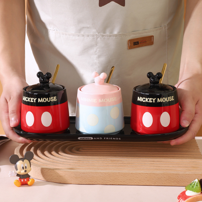 Conjunto de recipiente de condimento de cerámica de Mickey, caja de regalo, recipiente de sal con cuchara, recipiente de condimento de cocina, caja de condimento doméstica