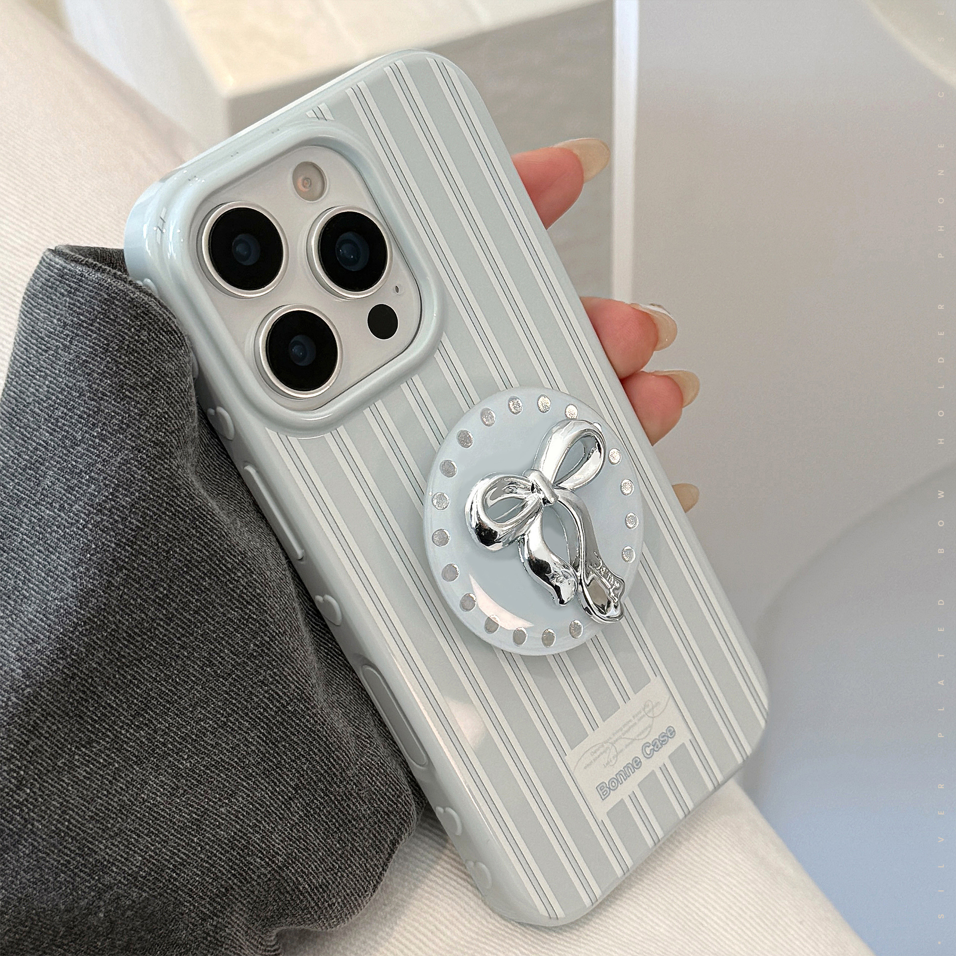 Soporte de arco de plata Apple 16 caso de teléfono iPhone 17 para 12 lujo ligero 15 Promax rayas azules 13 suave