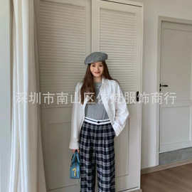 深圳南油高端女装工厂直销字母logo腰头复古格纹磨毛显瘦阔腿裤女