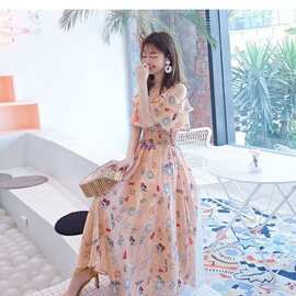 孕妇装连衣裙哺乳衣外出喂奶服夏新款碎花雪纺中长款浦乳过膝辣妈