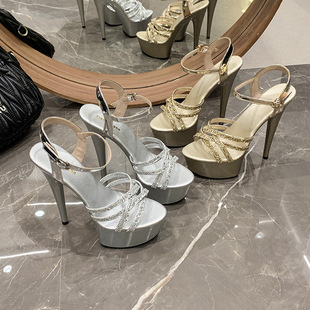 2024 Summer Silver Sexy Nightclub Fashion Model Rhinestone Hate Tiangao Open Toe High Heel Shoes with Sandals for Women
