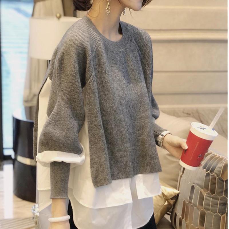 跨境欧洲站假两件毛衣春秋新款女设计感宽松洋气衬衫拼接针织上衣