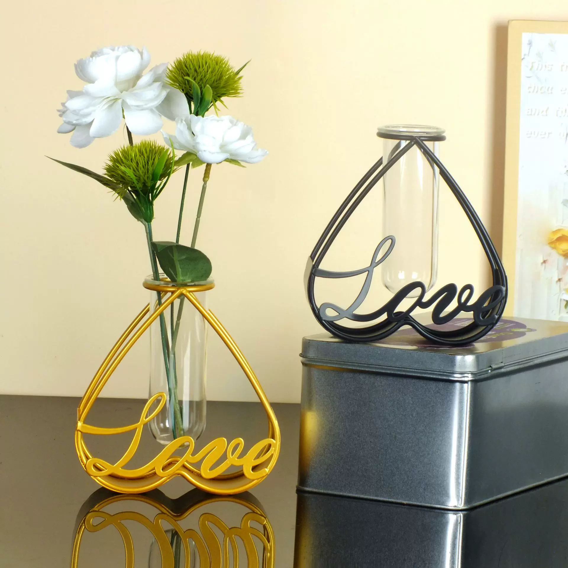 跨境热销桃心形铁艺小花瓶透明玻璃水培花瓶客厅办公摆件