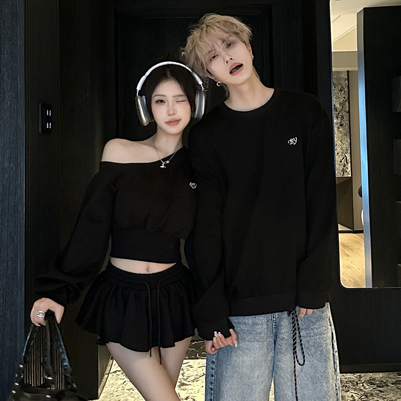 Hepburn-Style Couple Outfits, New Spring and Autumn Collection, One Top and One Skirt, Off-Shoulder Casual Simple Women's Sweatshirt Set