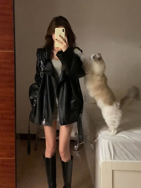 黑色西装领pu皮衣外套女春秋小众设计感韩系穿搭痞帅机车夹克上衣|undefined