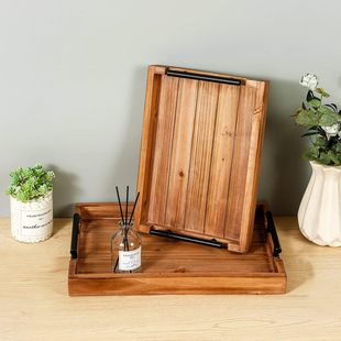 Japanese Rectangular Tray Wooden Household Dinner Plate Charcoal Fired Craft Old Tea Tray Metal Handle Breakfast Serving Plate