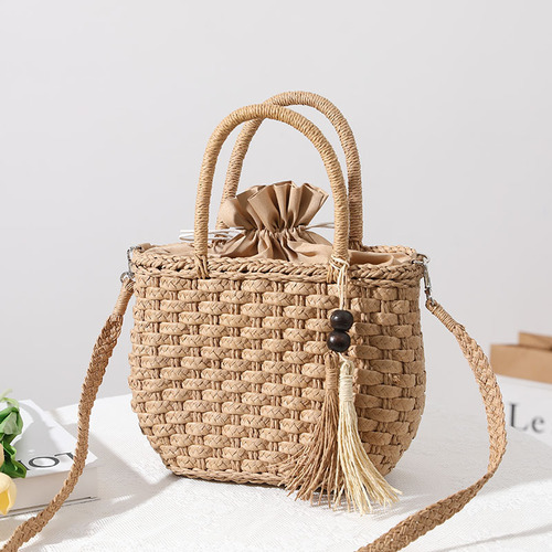 Hand-woven straw bucket bag for women,  new cute forest-style handmade shoulder and crossbody woven bag