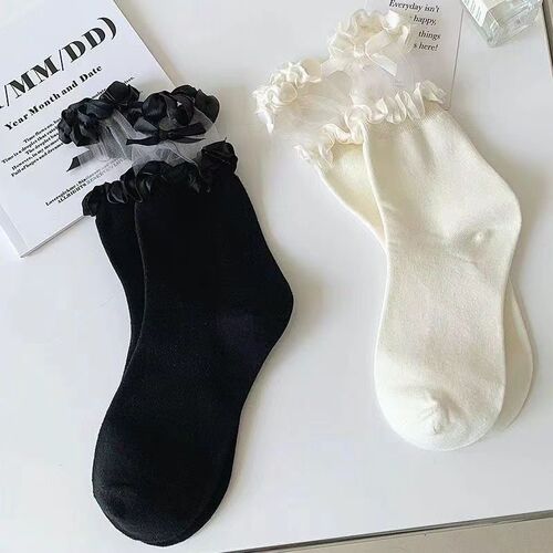 Little Red Book's same style black lace socks for girls, bow mid-calf socks, thin style, small leather shoes, jk socks, Lolita