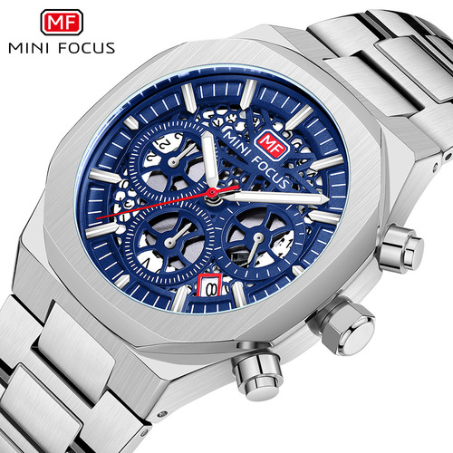 MINI FOCUS Watch Multifunction Business Men's Waterproof Quartz Watch Open Dial Steel Strap Men's Watch 0411G