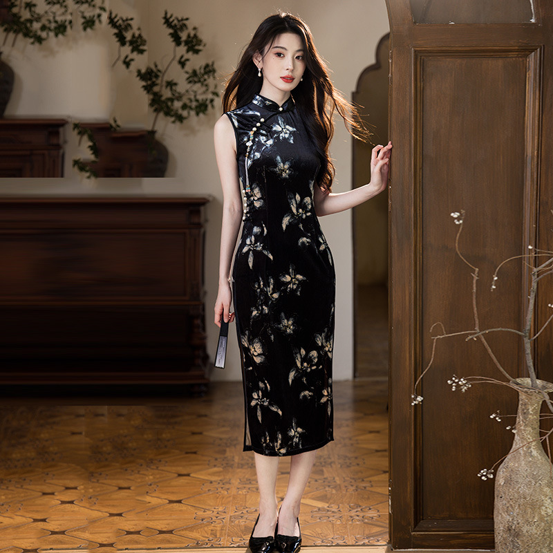 黑色丝绒国风中式长款秋季无袖旗袍改良年轻款女复古修身收腰春秋|undefined