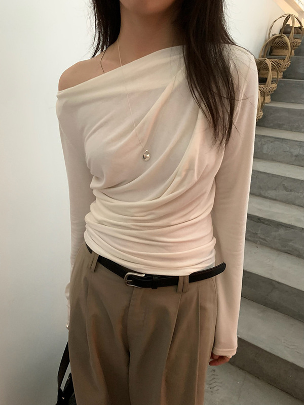FOX ROOM 斜领露肩褶皱上衣2025秋季新款百搭气质长袖T恤女A3554|undefined