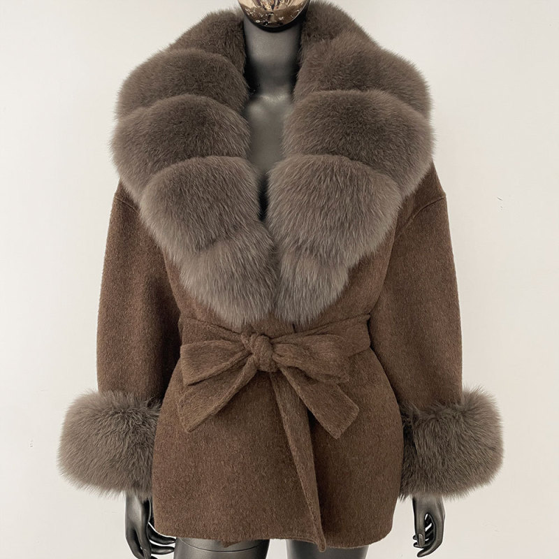 In-Stock New Autumn and Winter Oversized Fox Fur Collar High-End Double-Sided Wool Coat for Women, Mid-Length Loose Woolen Overcoat