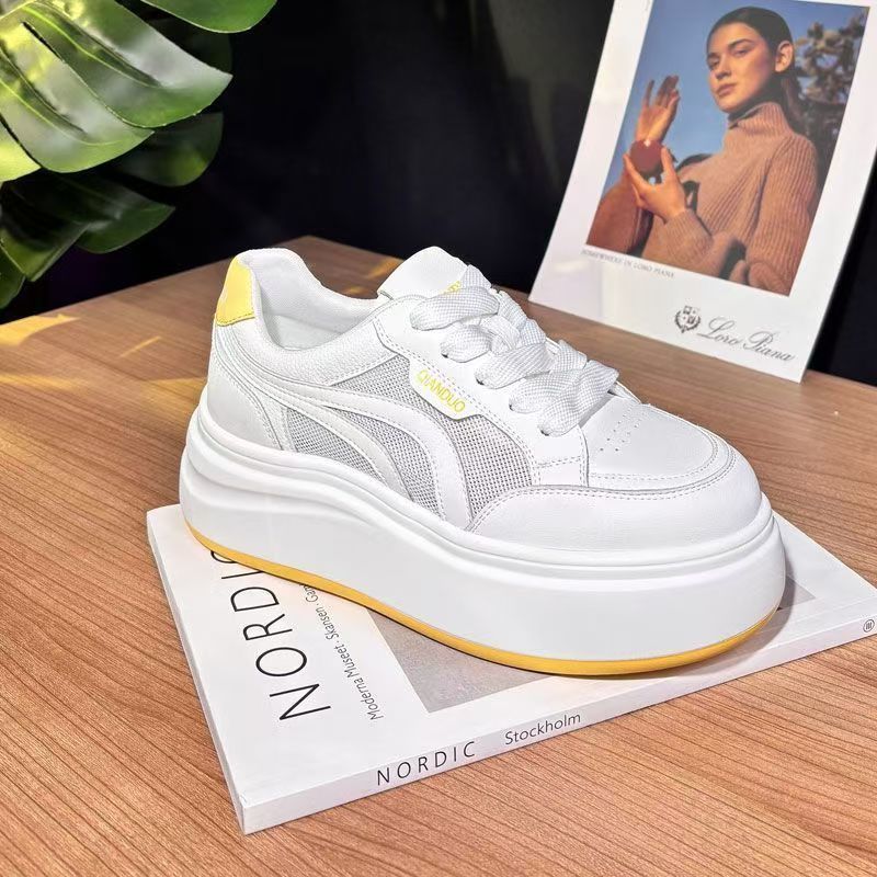 Zapatos blancos de suela gruesa de malla transpirable de comercio exterior para mujer, nuevo estilo de verano, zapatos deportivos ligeros y de ocio de todo fósforo