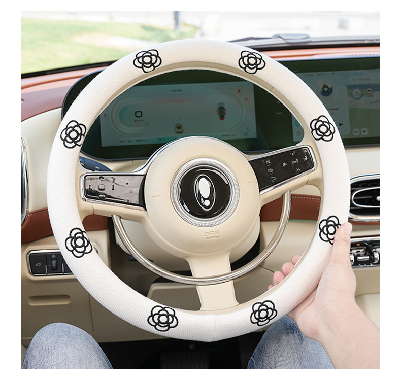 Blue Rain Cotton and Linen Car Steering Wheel Cover, Simple Embroidered Car Handle Cover, Non-Slip, Universal for All Seasons, Steering Wheel Protective Cover