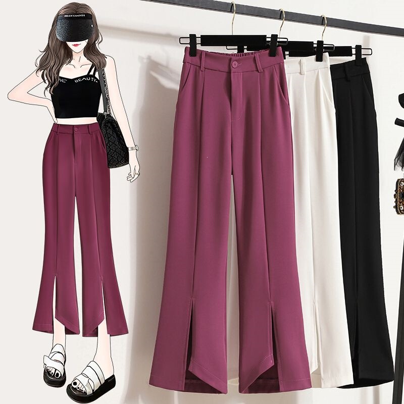 Petite Women's Summer Ice Silk Split Hem Flared Pants, Thin Cropped Straight-Leg Dress Pants, High-Waisted Slimming Flared Trousers Petite Women's Summer Ice Silk Split Hem Flared Pants, Thin Cropped Straight-Leg Dress Pants, High-Waisted Slimming Flared Trousers