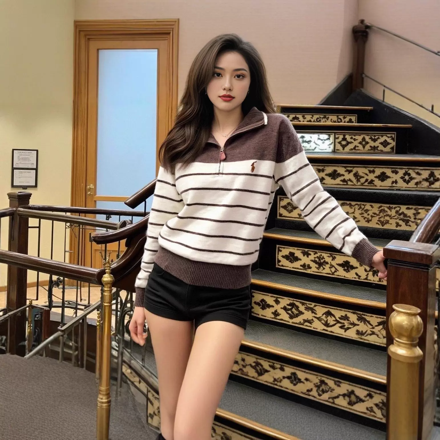 秋冬休闲翻领拉链半开胸刺绣条纹康妮绒绒针织衫女宽松软糯长袖毛