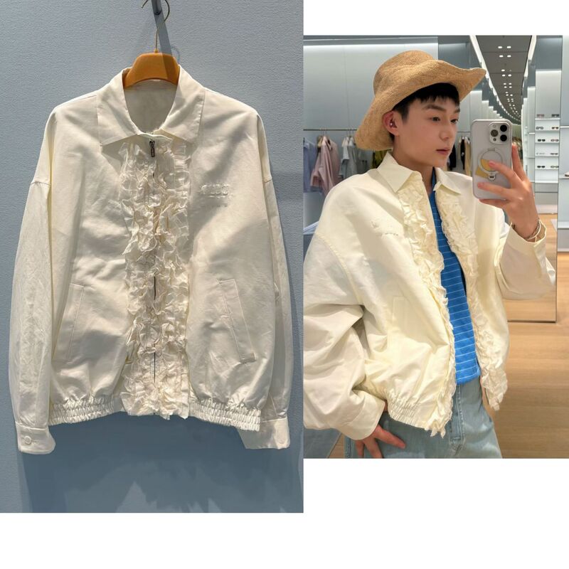 Miu Sweet-Cool Style White Ruffled Lapel Jacket, Linen Blend Silhouette Design, Pleated Casual Jacket Miu Sweet-Cool Style White Ruffled Lapel Jacket, Linen Blend Silhouette Design, Pleated Casual Jacket