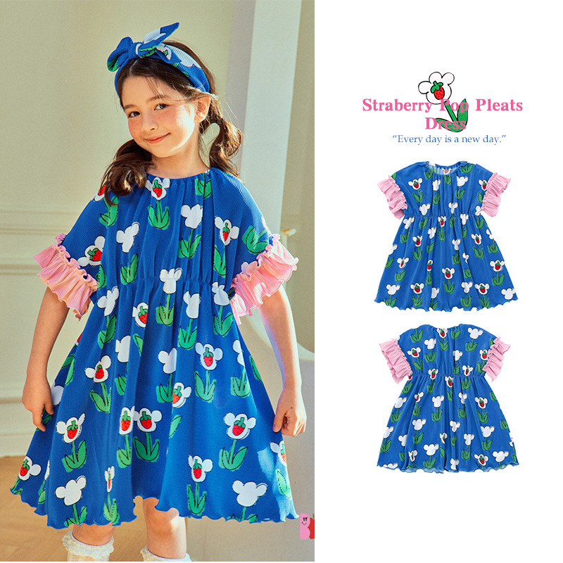 In-Stock Be Summer New Girls' Dress, Cartoon Strawberry Floral Print with Ruffles, Casual Princess Dress for Young Children