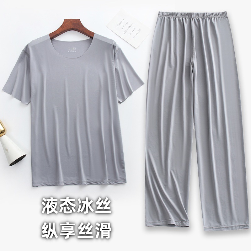 Liquid ice silk [T-shirt + trousers] Summer thin loungewear set, pajamas, short-sleeved, 9/10 length trousers