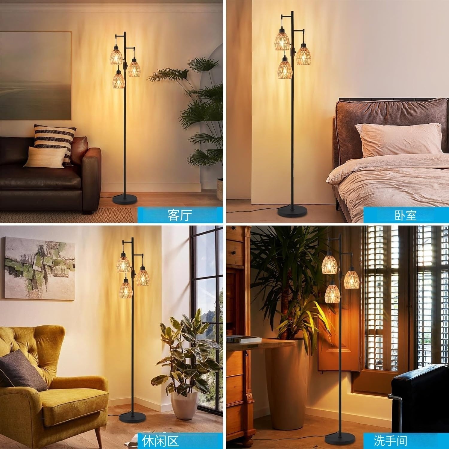 Transfronterizo Amazon estilo retrógrado estilo rústico americano jaula de pájaros de hierro forjado tres cabezas lámpara de piso sala de estar dormitorio