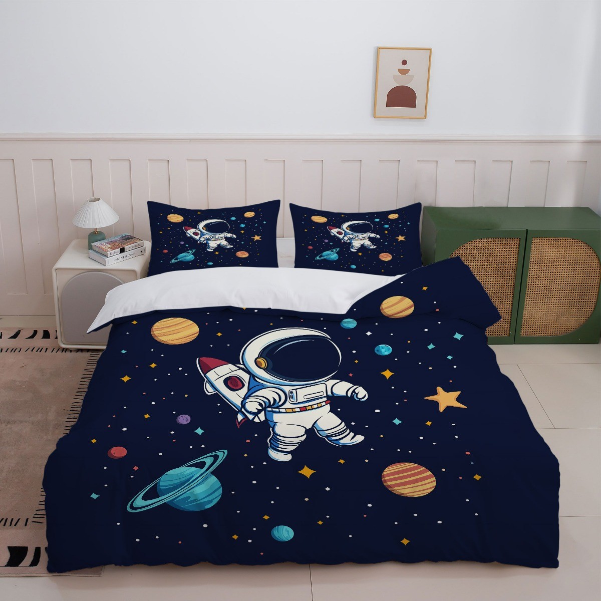 Cartoon Astronaut Digital Printed Edredon Kit Textile Transpirable Transfronterizo Fuente TEMU / JIT