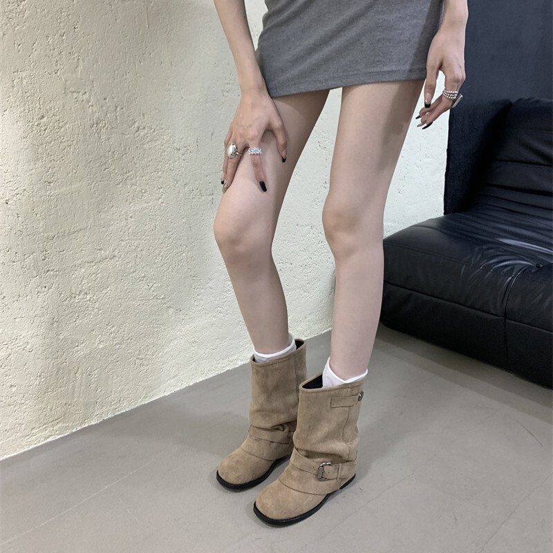 复古风方头褶皱擦色粗跟堆堆靴女2025年秋冬新款皮带扣套筒烟筒靴|undefined