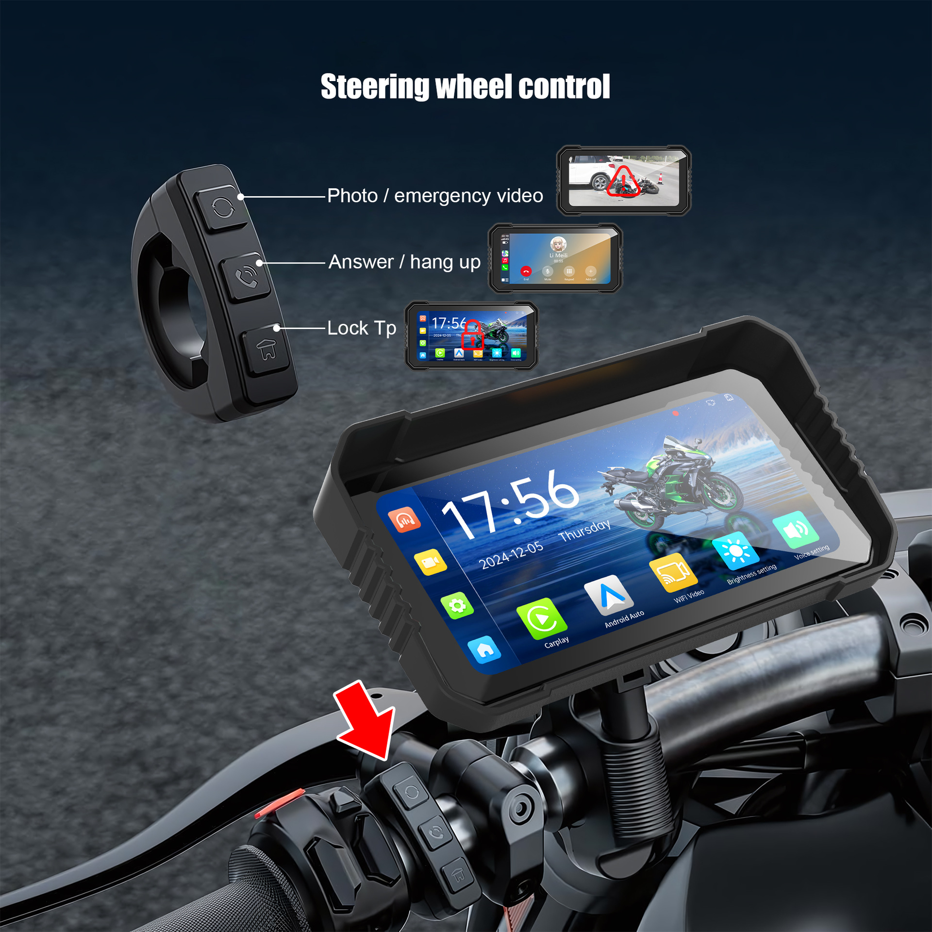 7inch Motorcycle Dashcam with Front and Rear Dual Lenses, High-Definition Carplay Motorcycle Navigation Recorder