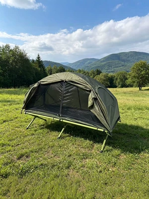 Portable double-layer camping cot tent, rainproof and moisture-proof, elevated outdoor single-person fishing tent, lightweight