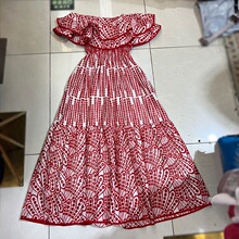 澳洲潮牌跨境荷叶边一字领露肩抹胸夏季刺绣缕空度假超仙连衣裙女