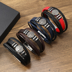 新型マグネットバックル革ブレスレット生命樹合金部品手編みブレスレット男性コンビネーションブレスレット