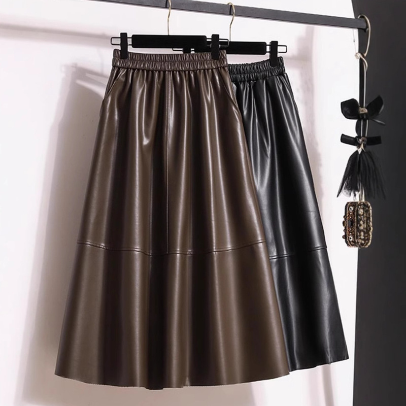 plus size Maillard Brown PU Leather Skirt Women's Spring Autumn and Winter chubby girl High Waist A- Line Long Skirt Umbrella Skirt Leather Skirt