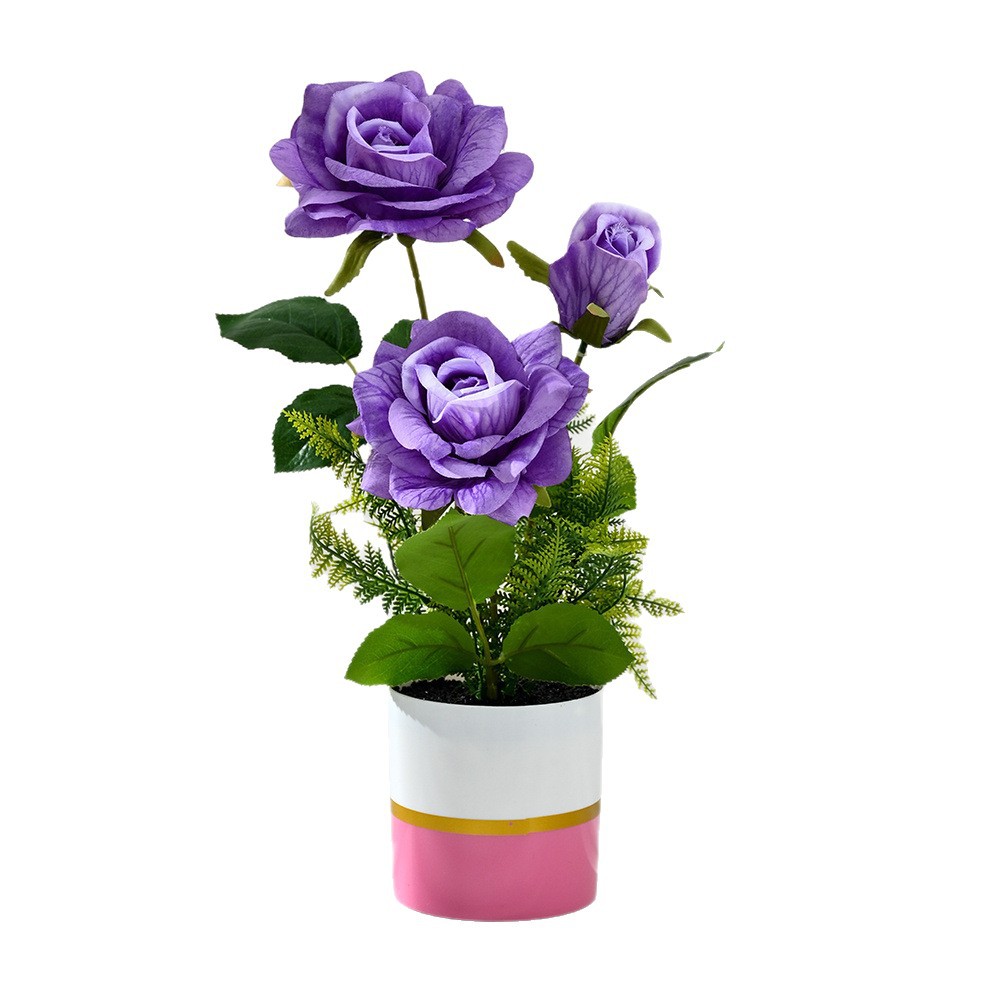 Transfronterizo de tres cabezas rosa bonsai imitación maceta flores falsas props de fotografía flores artificiales bodas decoración del hogar