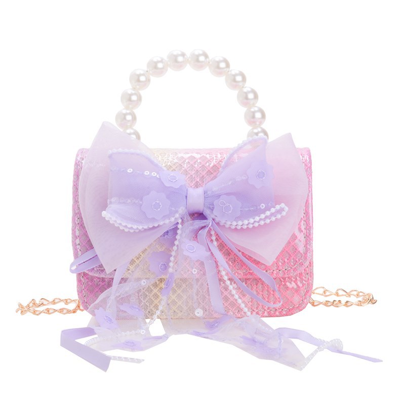 Bolso de cadena de niña de estilo pequeño de fragancia coreana, bolso de bebé de perlas con lazo de encaje, mini bolso para niños de estilo occidental