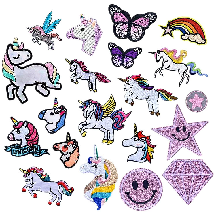 Новая тканевая нашивка с вышивкой единорога, блестящая вышивальная этикетка, вышивальная этикетка со смайликом, нашивка с бабочкой, радужный штамп