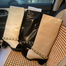 现货真皮链条靴女 C辣妹高跟裤管靴女圆头拼色骑士靴小个子长筒靴