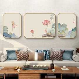 荷花新中式客厅装饰画八边形三联画沙发背景墙壁画中国风茶室挂画