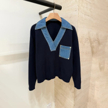 法式小众2025早秋中性款百搭V领牛仔撞色拼接针织衫套头毛衣25591