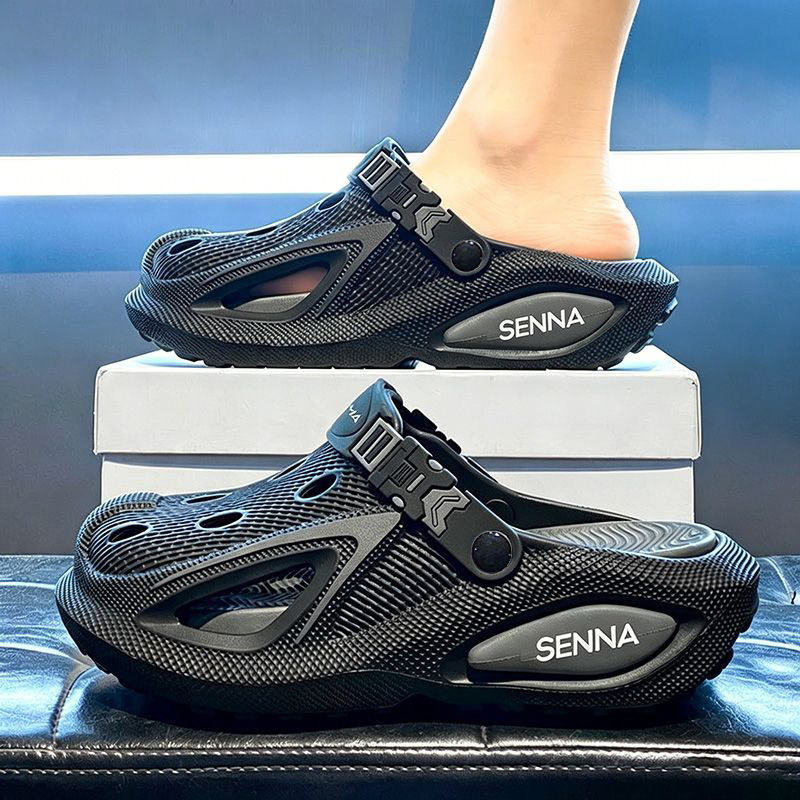 Men's Perforated Beach Sandals, Slip-On Shoes, Non-Slip Sole, Versatile Trendy Shoes for Seaside Vacations, Lightweight and Breathable Footwear
