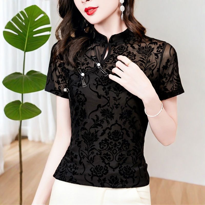 Black Mesh T-Shirt Short-Sleeved Summer New Style Fashionable Bottoming Shirt Chinese Style Retro Button Lace Top