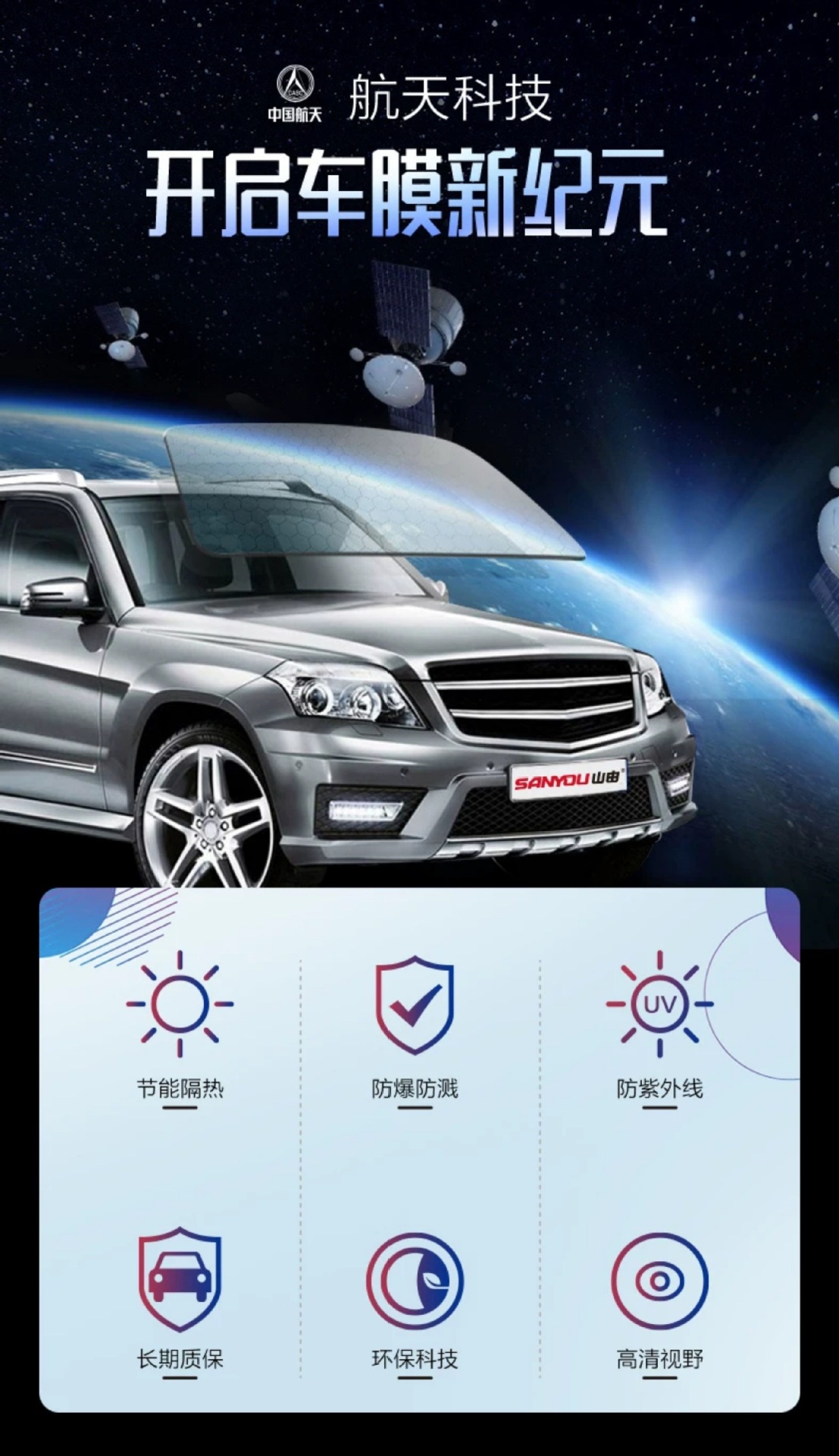 China Aerospace Sanyou Automotive Glass Film Explosion-Proof Heat Insulation Sunscreen Film Solar Film Car Film Ice Extract