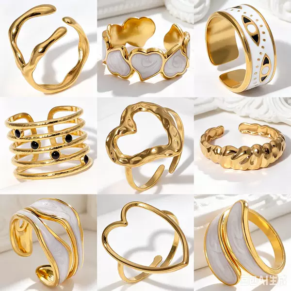 Cross-Border Personalized Open Rings, Stainless Steel, High-End Hollow-Out Niche Heart-Shaped Adjustable Jewelry, Oil-Drip Wholesale