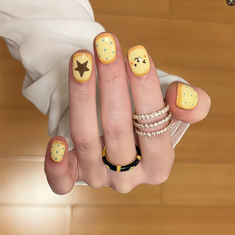 Short Wearable Nail Patches, Simple Lemon Yellow and Light Blue Polka Dots, Women's Nail Stickers, Reusable Fake Nails Short Wearable Nail Patches, Simple Lemon Yellow and Light Blue Polka Dots, Women's Nail Stickers, Reusable Fake Nails