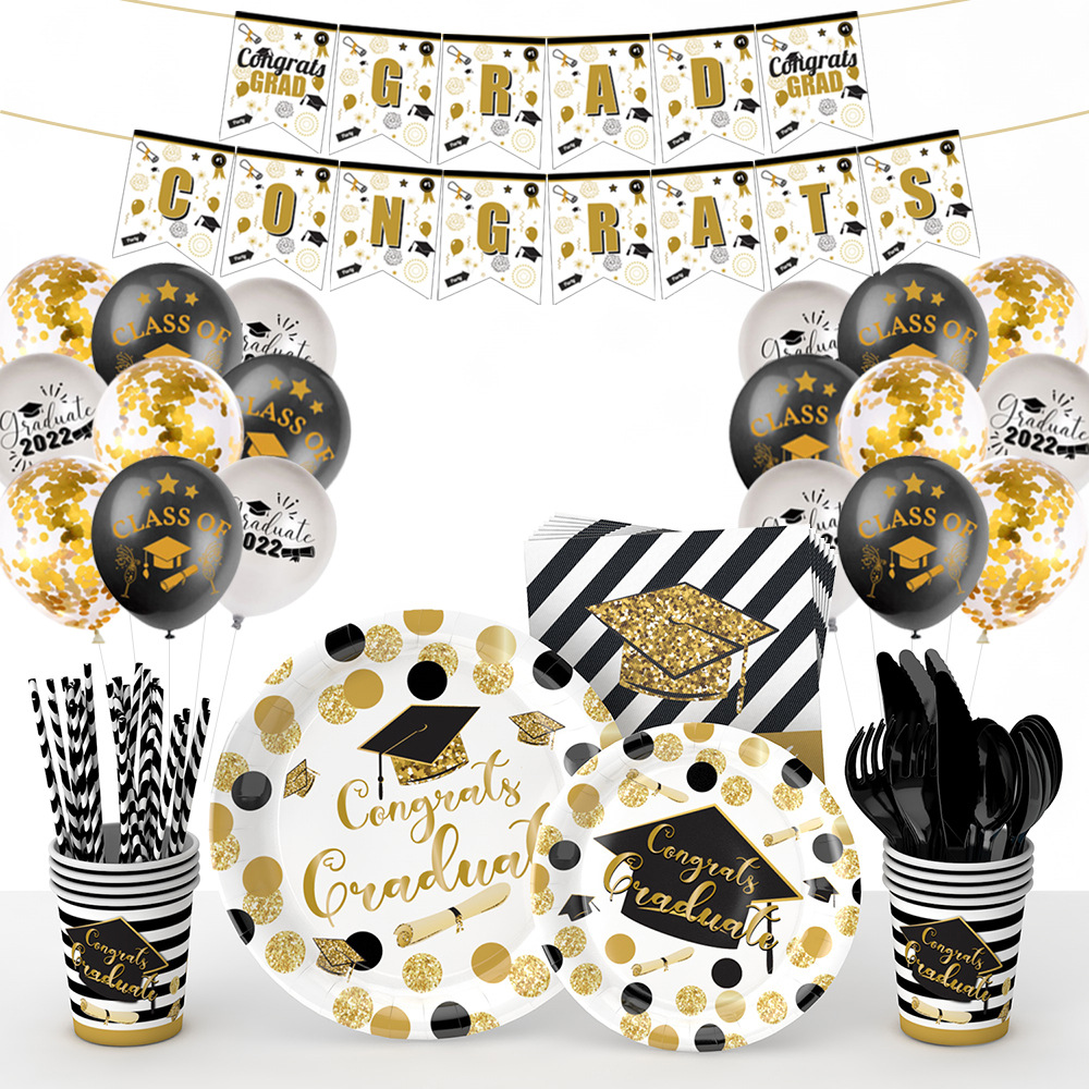Nueva temporada de graduación de Oro Negro decoración del partido ceremonia de graduación Placa de papel desechable globo de tejido decoración traje