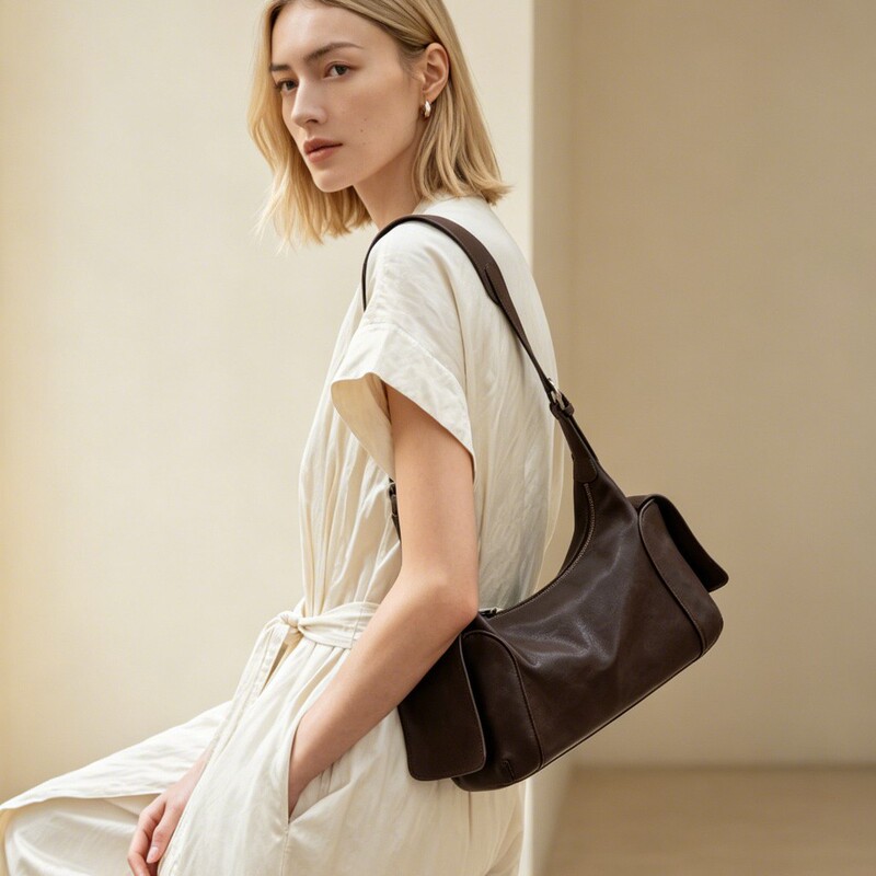 Qiu Zhen Xiaoyao Toast Bag Vegetable-Tanned Sheepskin Underarm Bag for Women Simple Versatile Commuter Shoulder Bag Fashionable Crossbody Bag