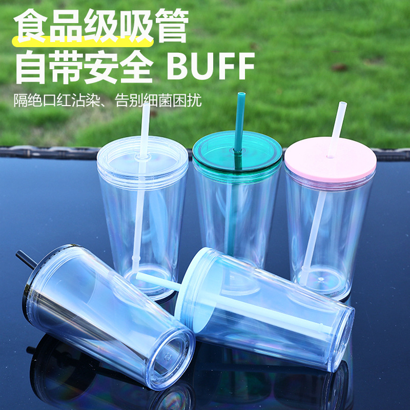 Suministro directo de fábrica 16oz taza de pajita de plástico de doble capa sin bordes taza portátil creativa taza de agua de plástico de red neta