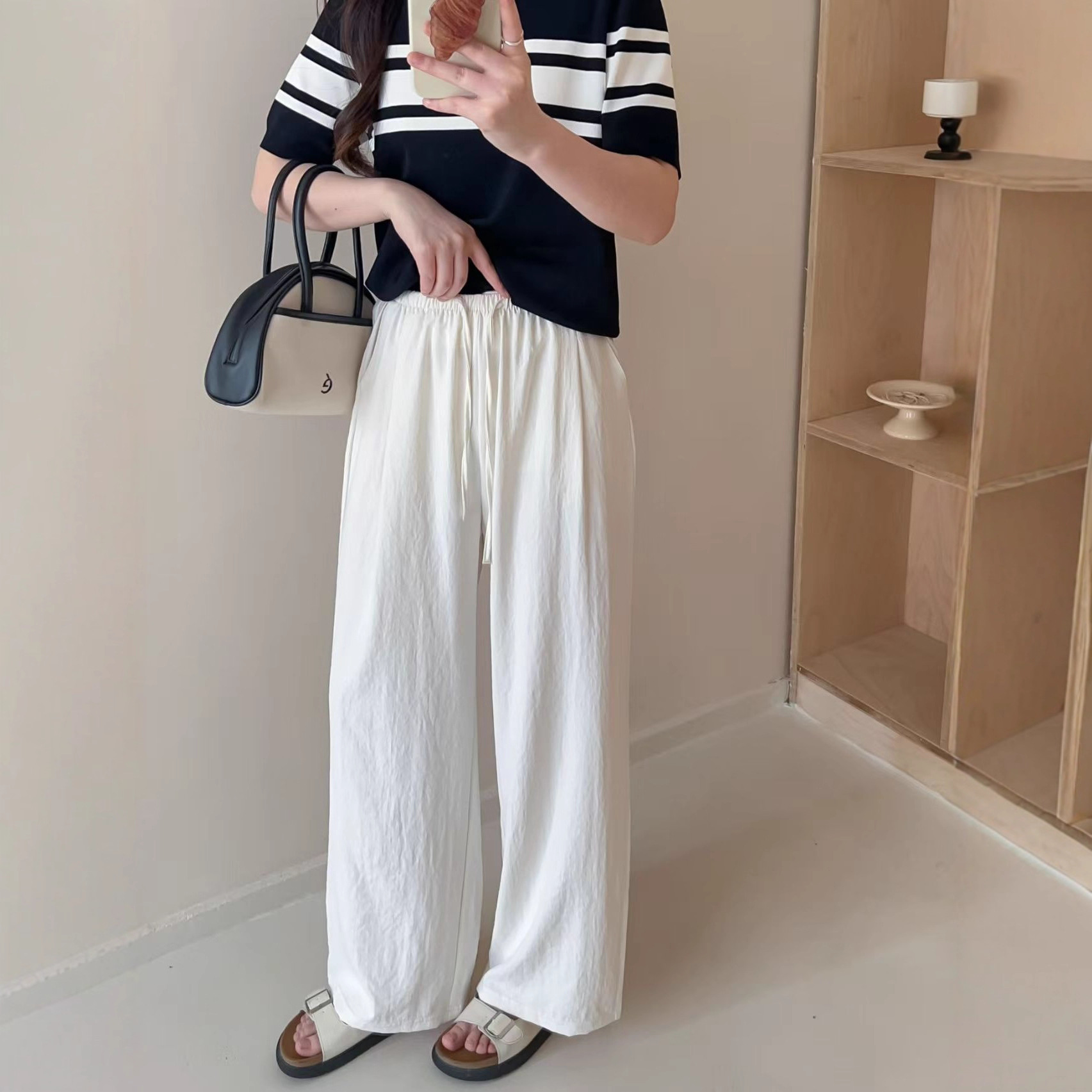 空气裸感直筒奶皮裤休闲女宽松日系拖地松紧高腰白色轻盈阔腿显瘦