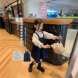 Ancorelala秋季新款女童两件套裙装碎花衬衣加牛仔背带裙套装