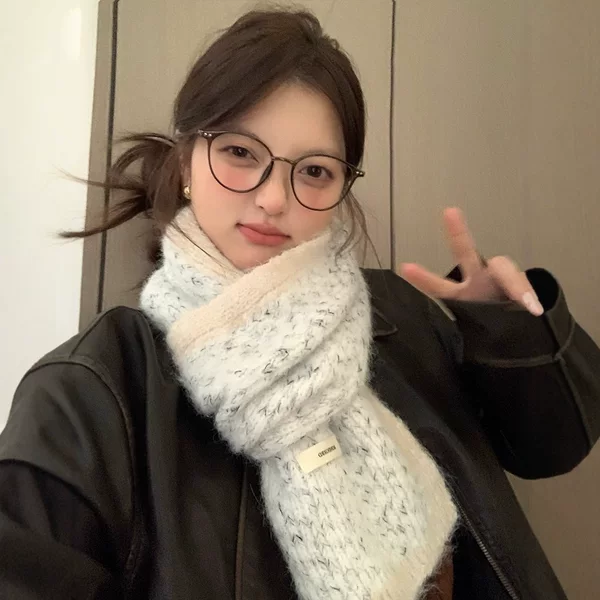 Korean New Color-Blocked Edge Mixed Yarn Wool Scarf for Women, Thickened for Autumn and Winter, Warm, Artistic, High-End, Trendy Knitted Neck Warmer