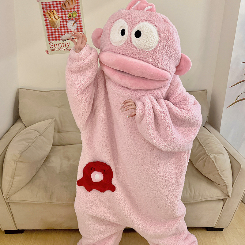 Ugly Fish One-Piece Pajamas for Women, Coral Velvet Thickeneded and Warm, Autumn and Winter Cartoon Big-Mouthed Fish Funny Pajamas for Men, Home Clothes