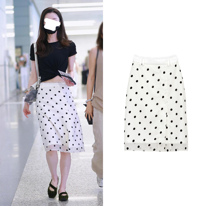 [Ready Stock] Song Yi's Same Style Organza Flocked Polka Dot Versatile Slim Fit Age-Reducing Fashionable Off-White Skirt for Women Summer